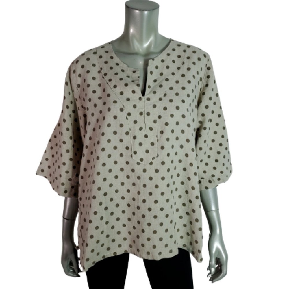 Luiselle Top Sz L 100% Linen Polka Dot‎ Side Slits Made In Italy Brown Lagenlook